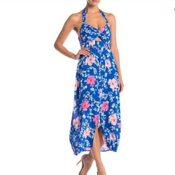 NWOT WAYF Ucca blue floral halter sleeveless backless midi dress size Large - Picture 1 of 11